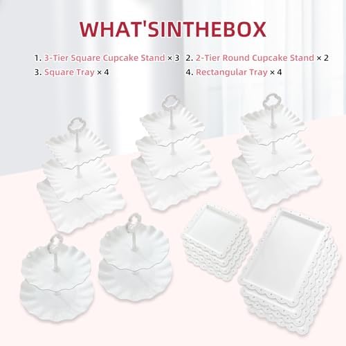 13PCS Cupcake Stand Set, 2-Tier Round & 3-Tier Square Trays, 4 Small Square + 4 Rectangle Platters, Tiered Dessert Display for Candy Cookies Cake Pops, Wedding Baby Shower Birthday Party Decorations - Image 7