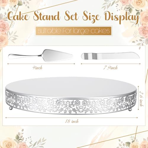 Wenqik 18 Inch Silver Cake Stand Set Metal Round Cupcake Dessert Stand with Cake Cutting, Flower Spatula Wedding Cupcake Pastry Display Candy Holder Display for Wedding Party Birthday Baby Shower - Image 2