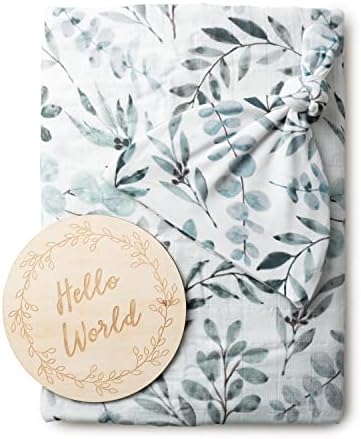 Miaoberry Organic Muslin Swaddle Blankets with Matching Hat and Wooden Hello World Newborn Sign | Eucalyptus Newborn Photography Props | Birth Announcement Sign by MiaoberryBaby