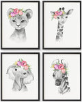 Prints Made Perfect Safari Nursery Wall Art Set - Baby Animal Prints Jungle Theme Decor - Elephant Giraffe Lion Zebra With Pink Flowers- Nursery Wall Decor for Kids Room or Baby Shower Posters by PrintsMadePerfect