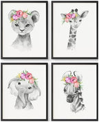 Prints Made Perfect Safari Nursery Wall Art Set - Baby Animal Prints Jungle Theme Decor - Elephant Giraffe Lion Zebra With Pink Flowers- Nursery Wall Decor for Kids Room or Baby Shower Posters by PrintsMadePerfect