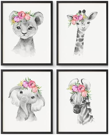 Prints Made Perfect Safari Nursery Wall Art Set - Baby Animal Prints Jungle Theme Decor - Elephant Giraffe Lion Zebra With Pink Flowers- Nursery Wall Decor for Kids Room or Baby Shower Posters by PrintsMadePerfect