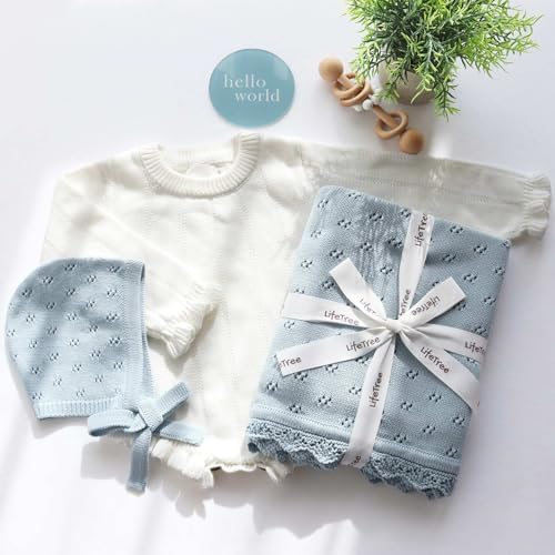 LifeTree Knit Baby Blanket & Hat, 100% Cotton Soft Swaddle & Receiving Blanket for Toddler, Lightweight & Breathable Newborn Blanket Unisex for Crib, Stroller, 31X40 Inches, Shower Registry Gift, Blue - Image 7