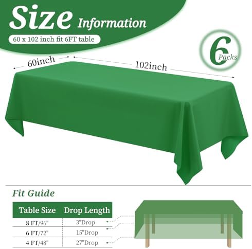 6 Pack Tablecloth 60 x 102 inch Polyester Table Cloth for 6 Foot Rectangle Tables,Stain and Wrinkle Resistant Washable Fabric Table Covers Polyester Green Table Clothes for Wedding,Party,Banquet - Image 2