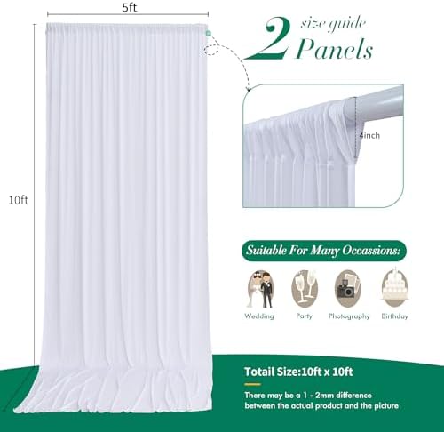 10 ft x 10 ft Wrinkle Free White Backdrop Curtains for Wedding Parties, Polyester Photography Backdrop Drapes for Birthday Parties Stage Backdrop Stand, 2 Panels 5x10FT Background Curtains - Image 6