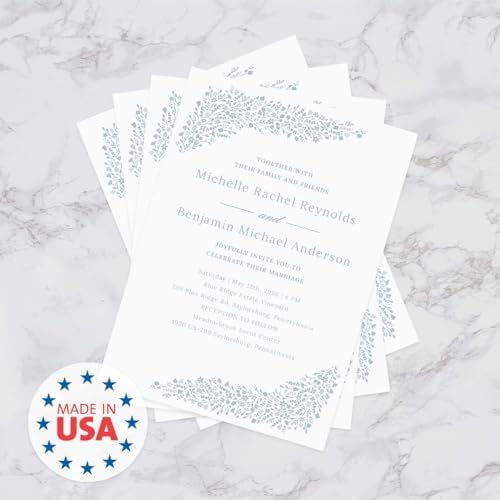Canopy Street Personalized Dainty Floral Invitations / 25 Custom Modern Wedding Invites With White Envelopes / 5" x 7" Dusty Blue Botanical Anniversary Party Invite/Made In The USA - Image 6