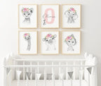 Personalized Safari Nursery Wall Art Set – Custom Name Jungle Animal Prints – Baby Girl Room Decor Pictures Pink Floral Accents – Unframed – Baby Shower for Girls (Personalized Set of 6, 8x10) - Image 2