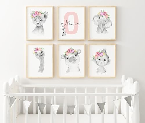 Personalized Safari Nursery Wall Art Set – Custom Name Jungle Animal Prints – Baby Girl Room Decor Pictures Pink Floral Accents – Unframed – Baby Shower for Girls (Personalized Set of 6, 8x10) - Image 2
