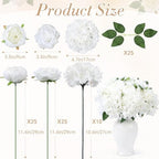 Suncalla 60 Pcs Assorted Silk Artificial Flowers, Faux Fake Full Hydrangea Peony Rose Bouquet with Leaf Stem for Wedding Centerpiece Bridal DIY Craft Baby Shower Party Decor(White) - Image 2
