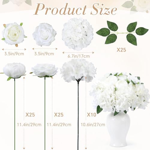 Suncalla 60 Pcs Assorted Silk Artificial Flowers, Faux Fake Full Hydrangea Peony Rose Bouquet with Leaf Stem for Wedding Centerpiece Bridal DIY Craft Baby Shower Party Decor(White) - Image 2