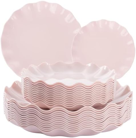 LIYH 24 Pcs Pink Plastic Plates Reusable, Pink Scalloped Plates Durable and Dishwasher Safe, Light Weight Daisy Wavy Plate Parties, Birthday, Picnics, BPA Free(12Guests) by LIYHLoveinyourheart