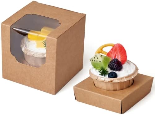 Kraft Cupcake Boxes Brown Individual 200 CT with Insert and Clear Window for Baby Shower Birthday Party Favor by HappyHiram