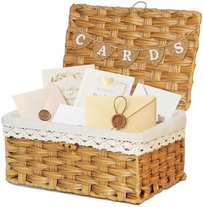Card Box for Wedding Wicker Card Basket for Cards with Letter Flag, Decorative Woven Rattan Gift Card Boxes for Graduation Party Plastic Wedding Card Box for Reception Baby Shower Birthday Prop Decor by Etnorsu