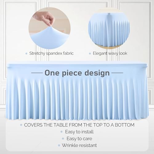6 Packs Baby Blue Table Clothes for 8 Foot Rectangle Tables, One-Piece Wrinkle Resistant Stretch Spandex Table Covers with Skirt for Event Banquet Wedding Birthday Party - Image 2