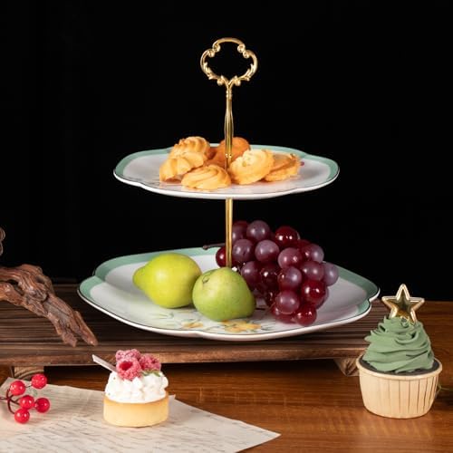 KAMMAK 2-Tier Porcelain Cupcake Stand Serving Tray, Dessert Plates Cake Fruit Candy Display Tower, Reusable Pastry Platter for Wedding Birthday Baby Shower Tea Party Decorations (Reed Green) - Image 7
