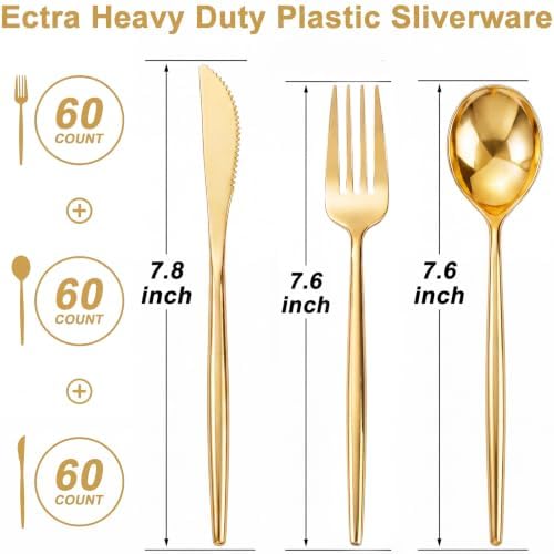 Rubtlamp 180Pcs Gold Plastic Silverware,Luxury Gold Plastic Cutlery,Heavy duty Golden Disposable Flatware, Utensils Set Disposable Include 60Gold Forks,60Gold Spoons,60Plastic Knives for Party,Wedding - Image 2