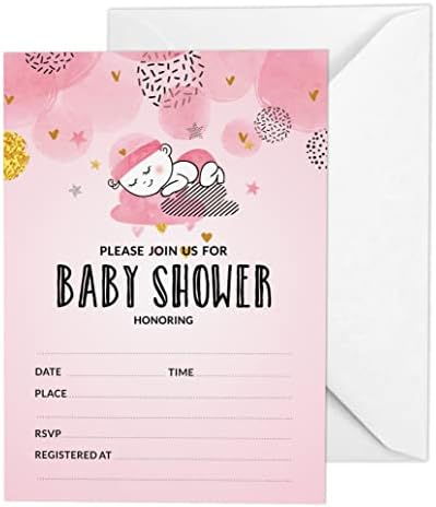 Pack of 30, Boy/Girl Baby Shower Party Collection, Baby Shower Invitation Cards, Fill in the Blank Invites WIth Envelopes, Pink Theme Party Supplies by Inkdotpot