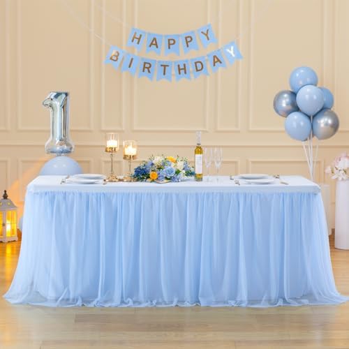 Suppromo 8ft Baby Blue Tulle Tablecloths for Rectangle Tables Light Blue 8 Foot Rectangular Table Cloth Wrinkle Free Table Cover with Tutu Skirt for Baby Shower Boy Birthday Party Banquet Buffet Cake - Image 2