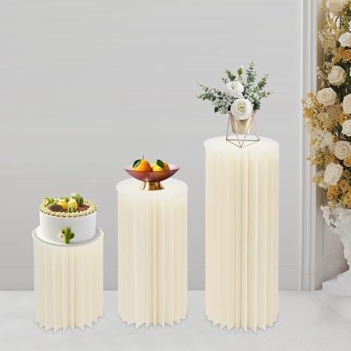 Cylinder Stands for Party, 3 Pack Paper Cylinder Pedestal Stand with Acrylic Disc, Foldable Round Columns and Pillars, White Cake Stands Flower Rack for Wedding Dessert Birthday Event Deco by EDUJUAN