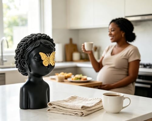 Black Cute Girl Statue with Gold Butterfly, 9 inch Resin Whimsical Sculpture for Nursery Living Room Decoration, Gift for Baby Shower Gender Reveals, Birthdays, Housewarmings, Mother’s Day - Image 5