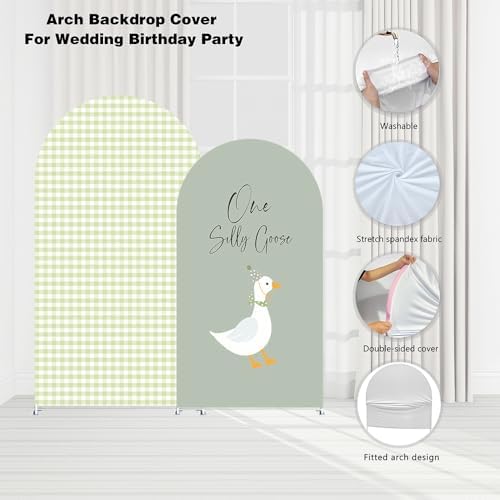 Set of 2 Arch Backdrop Covers One Silly Goose Baby Shower 2PCS Spandex Arch Stand Cover Plaids Girl Birthday Easter Party Banquets Decorations (7.2FT & 6.6FT,Green) - Image 5