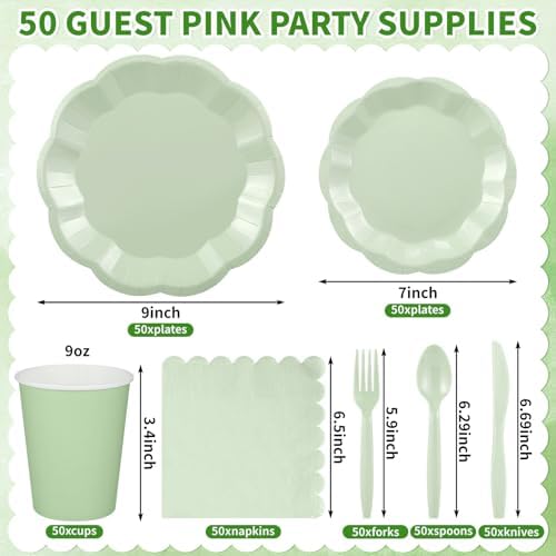 350 Pcs Sage Green Paper Plates and Napkins Disposable Tableware Serve 50 - Image 2