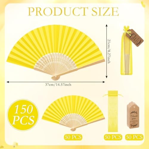 Roowest 50 Pack Paper Folding Fans Bamboo Wedding Favors, Lemon Yellow - Image 2