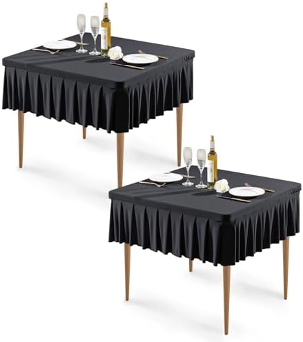Wish Care 2 Pack Black Spandex Tablecloths for 34x34 Inch Square Tables, Stretch Fitted Table Clothes with Pleated Ruffle Skirt for 34” Table, Wrinkle Free and Elastic, for Party Kitchen Home Dining by WishCare