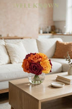 WELL KNOWN Silk Rose Artificial Flowers with Vase, Orange Yellow Red - Image 2