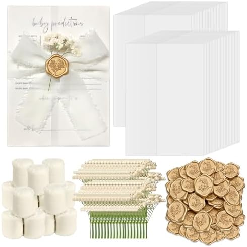 100 Sets Wedding Invitation Kit, Pre-Folded Vellum Jackets for 5x7 Invitations Accessories Wax Seal Stickers Ribbon & Dried Flowers for DIY Wedding Invites by Fanuk