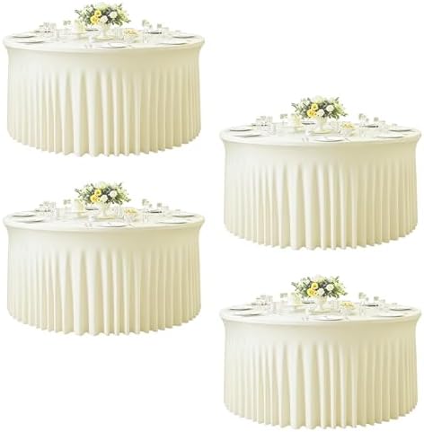 GALLETY 4 Pack Ivory Round Tablecloth for 5FT Round Tables, 120 inch Fitted Spandex Table Cloth with Skirt, Wrinkle Free & Stain Resistant Stretchy Table Cover for Birthday, Anniversary & Picnic by Creativepartyuniquedecorat