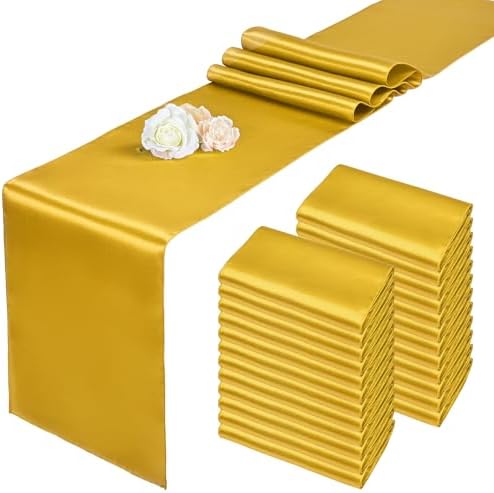 24 Pack Gold Satin Table Runners,12 x 108 Inch Long Table Runners for Rectangle Round Tables, Smooth Satin Table Runner for Wedding, Birthday Party Banquets Decoration by Pesonlook