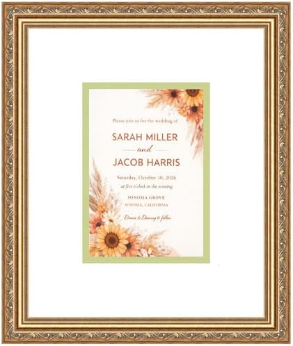 Poster Palooza Wedding Invitation Display Frame 10.75x12.75 in Bronze With White and Spring Green Double Mat for 5x7 Standard Keepsake | USA Made by PosterPalooza