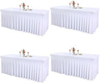 4 Packs White Tableclothes for 8 Foot Rectangle Tables, Wrinkle Resistant Fitted Table Cloth Stretch Spandex Table Covers with Skirt for Event Banquet Wedding Birthday Party by PartyTalk