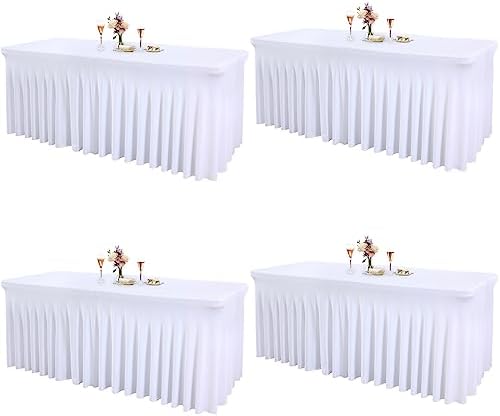 4 Packs White Tableclothes for 8 Foot Rectangle Tables, Wrinkle Resistant Fitted Table Cloth Stretch Spandex Table Covers with Skirt for Event Banquet Wedding Birthday Party by PartyTalk