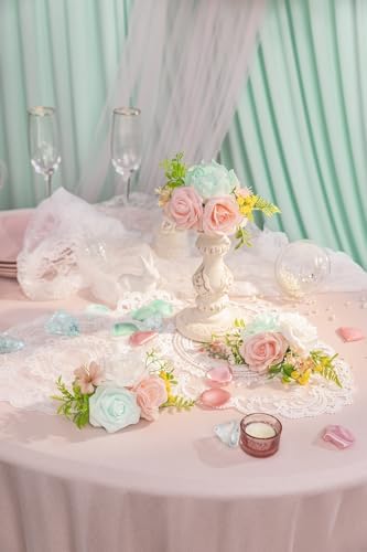 TINGE TIME 3Pcs Pre-made Cake Toppers，Silk Artificial Flowers Decor，Cake Decorations for Weddings, Birthdays, Party,Baby Shower,Celebration (Mint Green and Pink) - Image 4