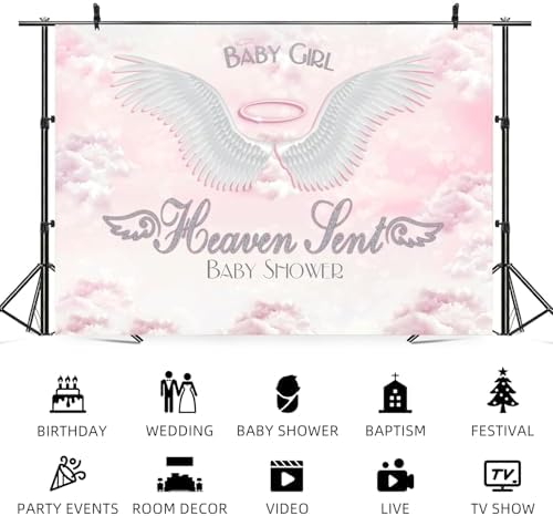 15x8ft Baby Shower Backdrop Baby Girl Heaven Sent Photography Background White Wings Clouds Pink Sky Paradise Princess Girls Party Banner Decorations Newborn Gender Reveal Photo Booth Prop - Image 5
