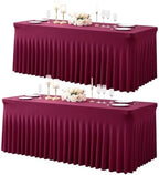 Burgundy Table Cloth for 6 Foot Rectangle Tables Fitted Stretch Spandex Table Cover with Skirt 6ft Baby Shower Birthday Party Banquet Ruffle Burgundy Tablecloth Wedding Table Cloths Desk Skirt, 2 Pack by LittleFunny