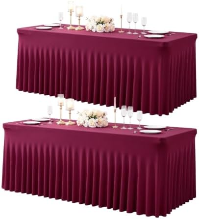 Burgundy Table Cloth for 6 Foot Rectangle Tables Fitted Stretch Spandex Table Cover with Skirt 6ft Baby Shower Birthday Party Banquet Ruffle Burgundy Tablecloth Wedding Table Cloths Desk Skirt, 2 Pack by LittleFunny