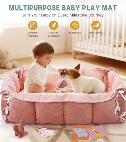 5-in-1 Baby Play Gym and Tummy Time Mat, 12 Learning Cards, Plush Activity Mat with 6 Toys, Baby Gym, Convertible to Ball Pit, Baby Gift, Pink - Image 6