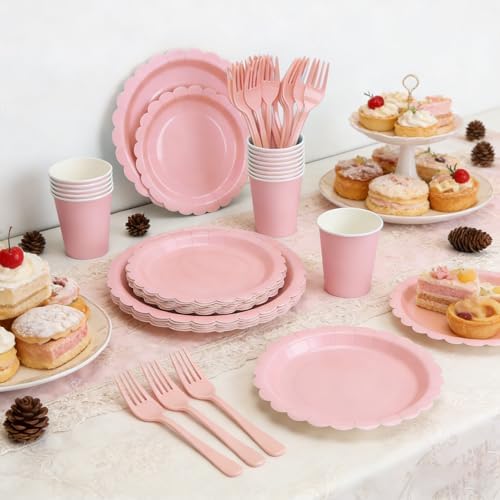 200Pcs Light Pink Party Plates and Napkins, 9’’and 7’’ Disposable Scalloped Pink Paper Plates Cups Napkins Forks Set Party Supplies for Birthday, Baby Shower Bridal Shower Party Decorations, Serves 40 - Image 3