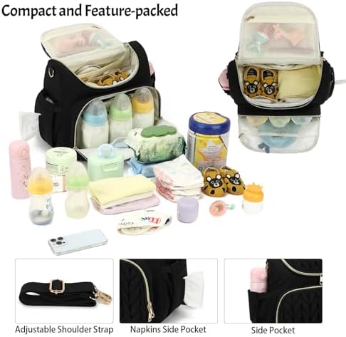 Small Diaper Bag Backpack Quilted Mini Baby Crossbody Diaper Bag Tote for Mom and Baby Girls Boys (Black) - Image 3