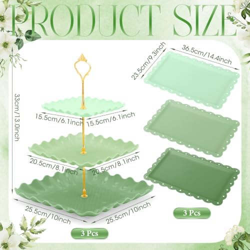 FoldTier 6 Pack Cupcake Stand Set 3 Pcs 3 Tier Gradient Dessert Table Display Stands Cookie Tray Rack 3 X14 in Rectangle Party Trays for Wedding Birthday Tea Party Baby Shower(Green,Rectangle) - Image 2