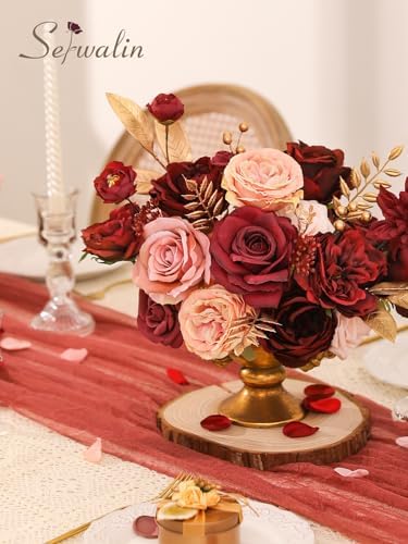 Serwalin Burgundy Pink Artificial Flowers, Fake Silk Flowers for Wedding - Image 5