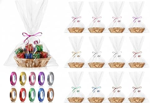 Jetec 12 Pack Empty Gift Baskets to Fill, Oval Baskets for Gifts Empty Food Storage Bin with 10 Rolls Colorful Ribbon and 30 Clear Bags for Wedding Birthday Christmas, 9 x 6 x 2.25 Inch by Jetec