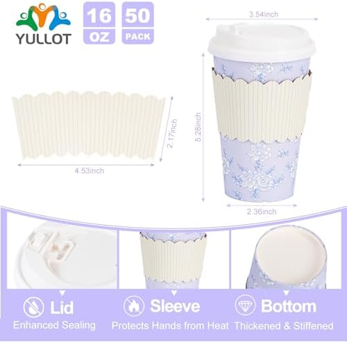 50 Pack 16oz Vintage Purple Floral Disposable Coffee Cups with Lids & Sleeves – Premium Paper for Mother's Day, Wedding, Birthday, Brunch, Cafés,Party Supplies - Image 2