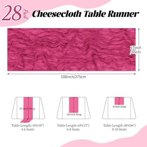 28 Pack Hot Pink Cheesecloth Table Runner 17x108 Inch Semi Sheer Boho Gauze Cheese Cloth Fabric Table Runners, for Wedding Party Baby Shower Birthday Home Decor Garden Farmhouse - Image 2
