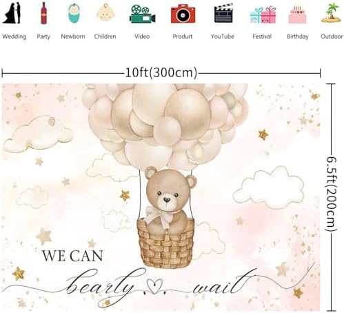 10x6.5FT Baby Shower Backdrop We Can Bearly Wait Brown Bear Hot Air Balloon Photography Background Newborn Baby Shower Party Decorations Banner Photo Booth Props - Image 2