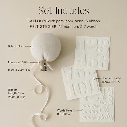 Balloon Baby Monthly Milestone Marker Signs, Photo Prop for Photoshoot | Stuffed Plush Balloon, Tassel, Pompom | Birth Announcement, Gender Neutral Baby Shower, Newborn Gift Set (Sand Beige) - Image 6