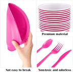 Aodaer 400 Pieces Hot Pink Party Supplies Disposable Dinnerware Set Include Plastic Plates Cups Knives Forks Spoons Paper Napkins for Birthday Wedding Graduation Parties, Serve 50 Guests - Image 3
